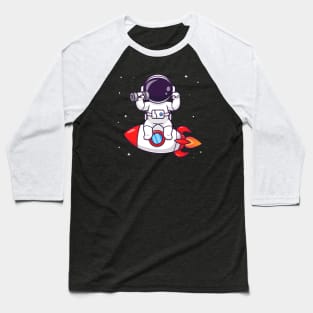 Cute Astronaut Lifting Dumbbell On Rocket Cartoon Baseball T-Shirt